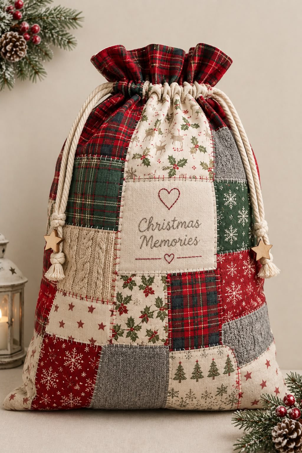 Patchwork Memory Santa sack made from red tartan, festive prints and knitted panels, with a rope drawstring, star charms and an embroidered Christmas Memories heart panel