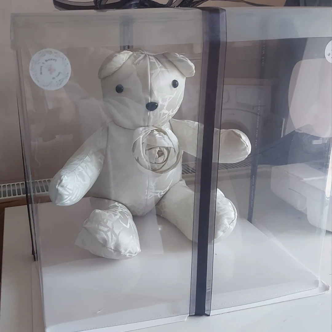 Ivory wedding dress memory bear packed in a clear display box ready to post