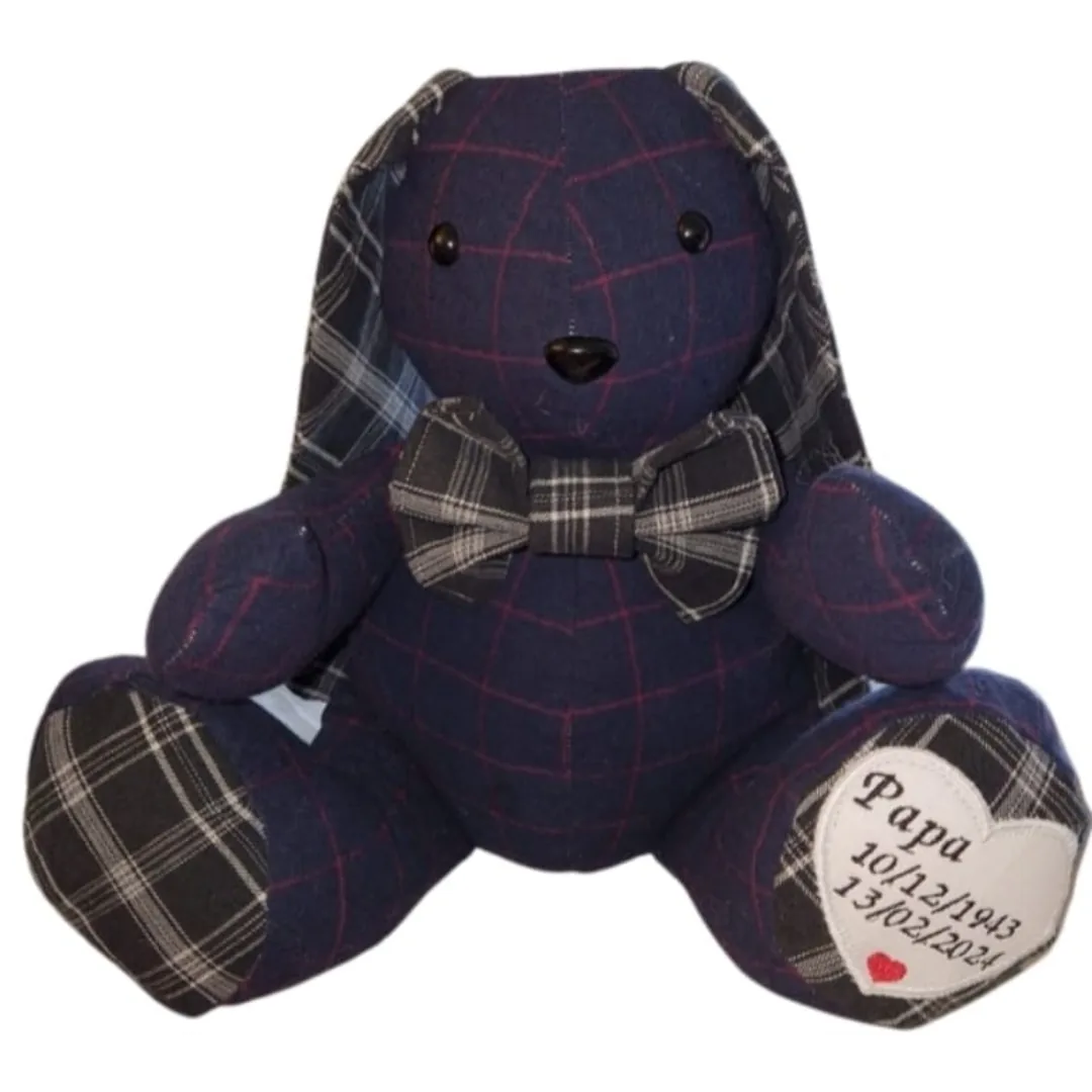 Memory bunny made from navy checked fabric with tartan ears, paw pads and dicky bow, with a heart embroidered Papa and his dates