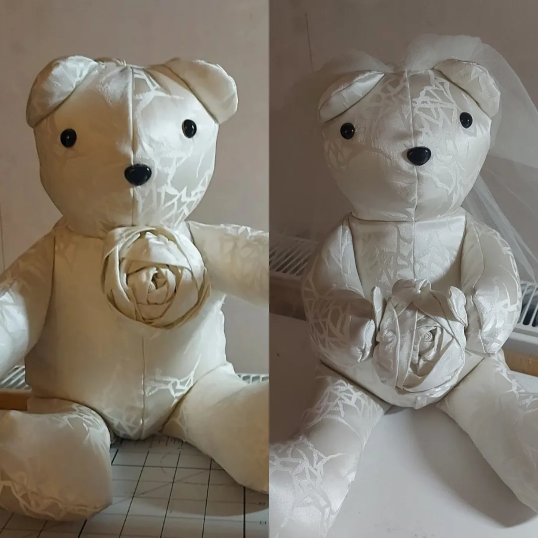 Two views of an ivory wedding dress memory bear with a fabric rose, one with the veil added