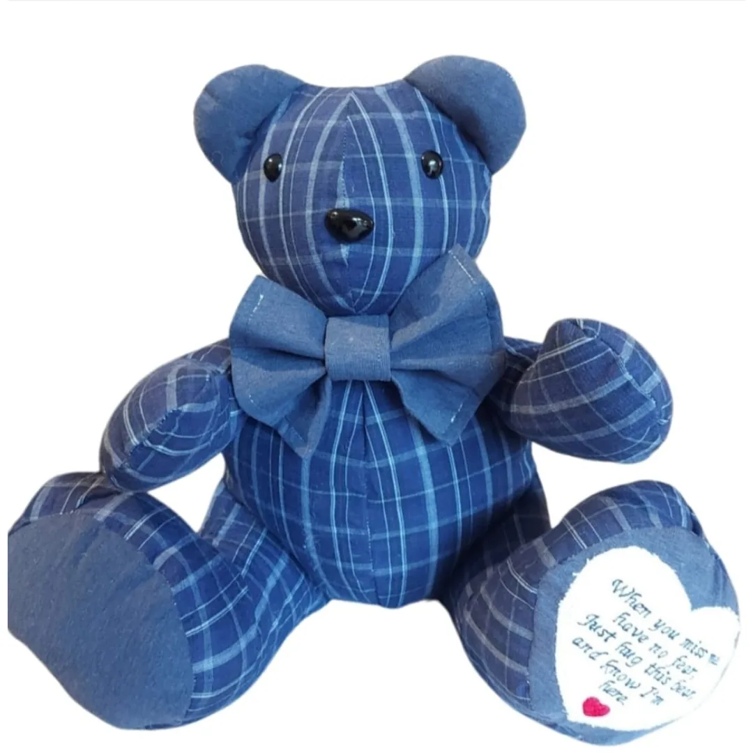 Voice box memory bear made from a blue checked shirt with a denim dicky bow and embroidered heart poem