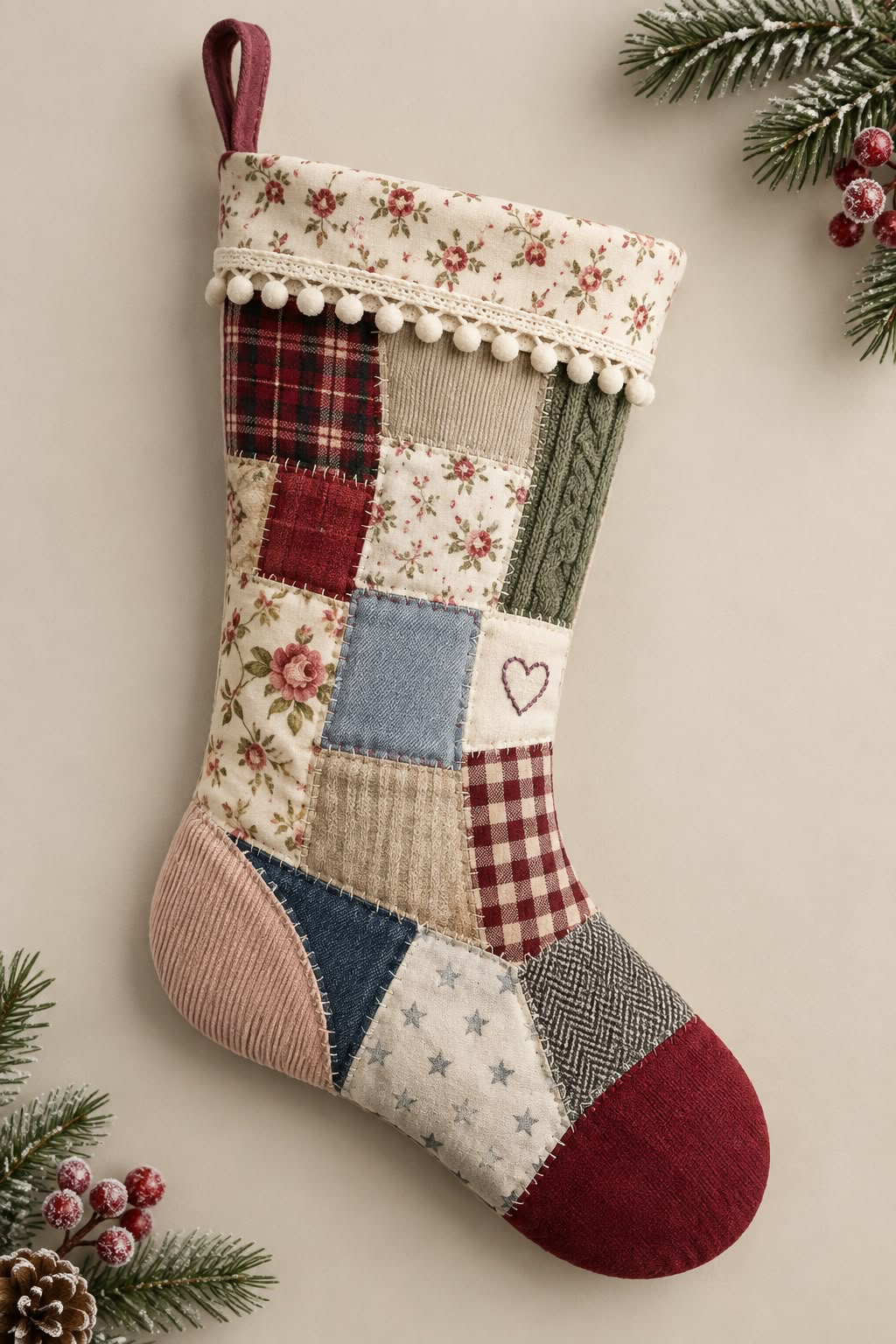 Patchwork Memory Christmas stocking with floral, tartan and denim fabric, a red toe, embroidered heart and cream pompom trim