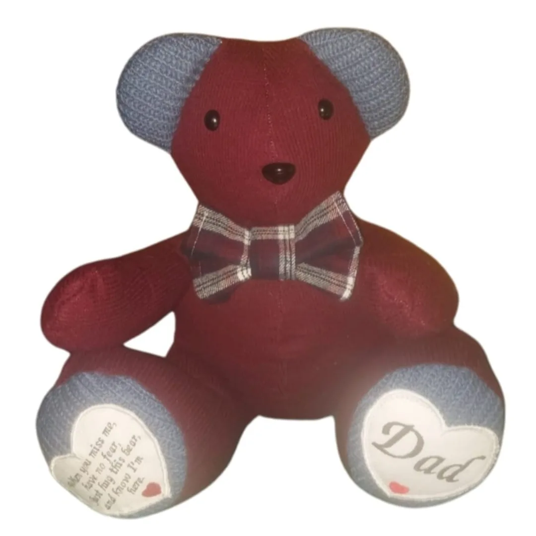 Memory bear made from a deep red jumper with pale blue knit ears and an embroidered Dad heart